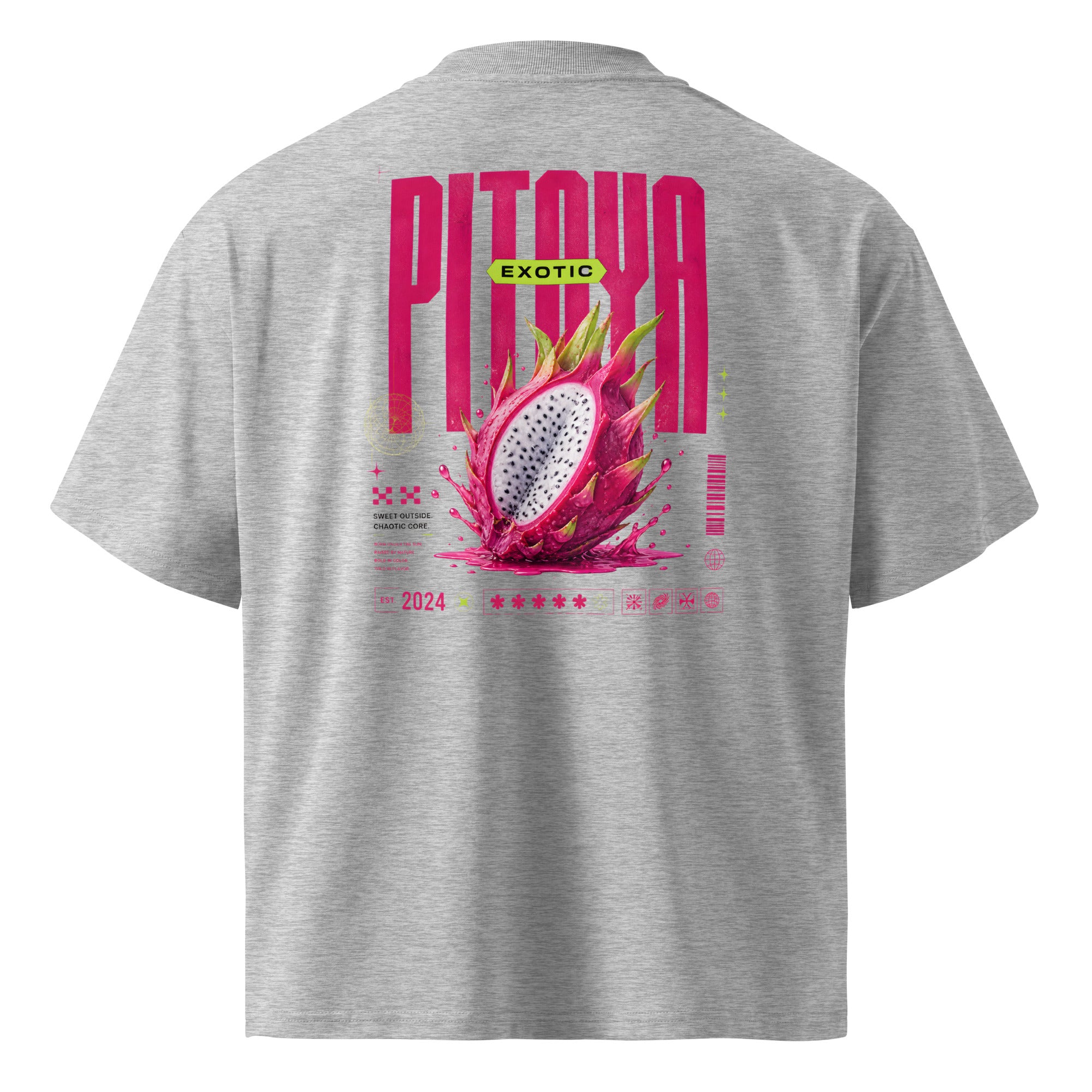 product back view oversized sport grey graphic t shirt pitaya exotic dragon fruit graphic urban streetwear outfit