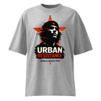 Grey oversized graphic t-shirt urban artwork front view modern streetwear clothing design