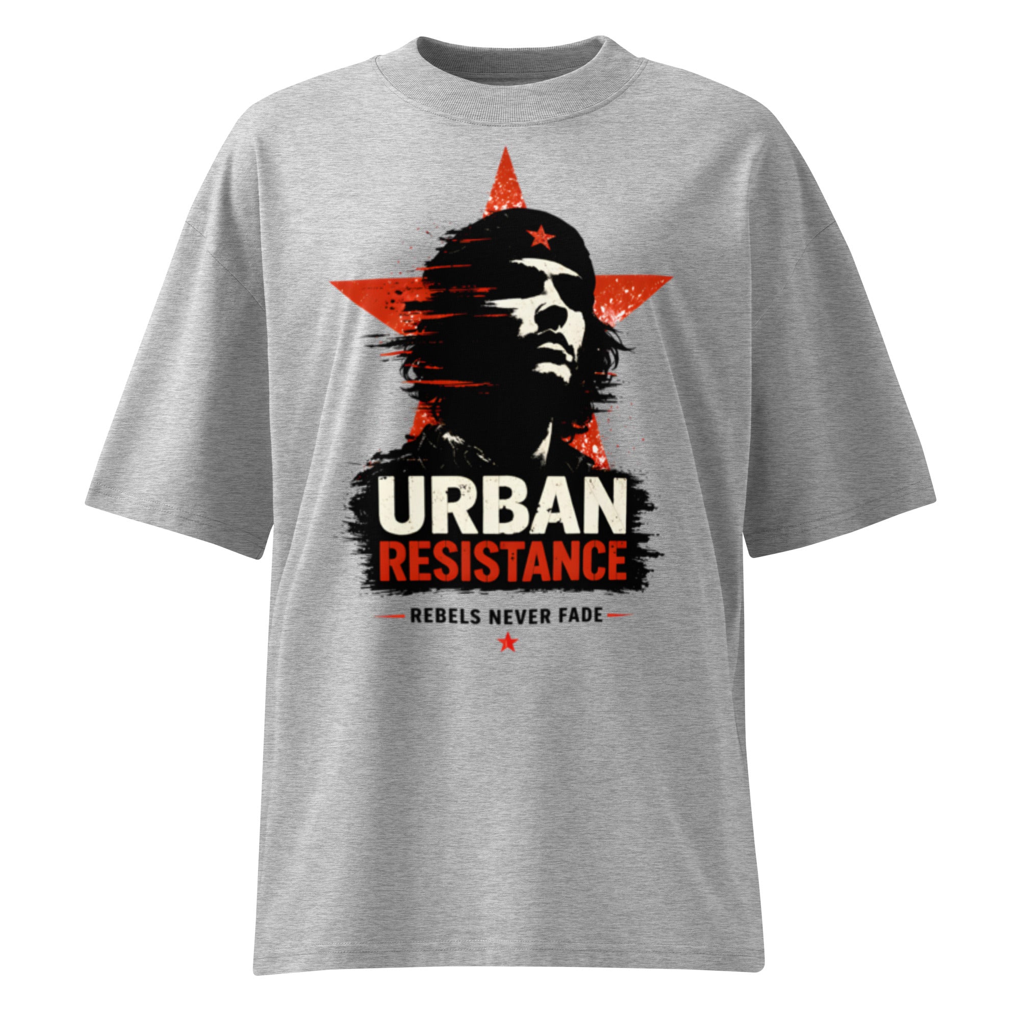 Grey oversized graphic t-shirt urban artwork front view modern streetwear clothing design