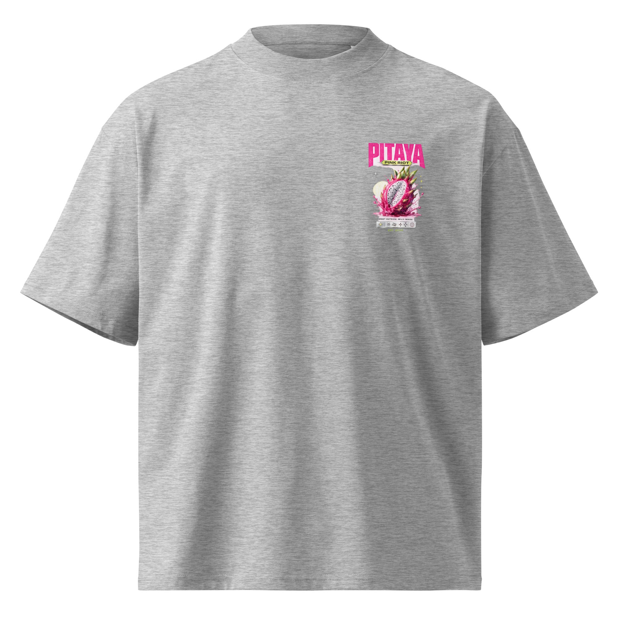 product front view oversized sport grey graphic t shirt pitaya pink riot chest print streetwear fashion