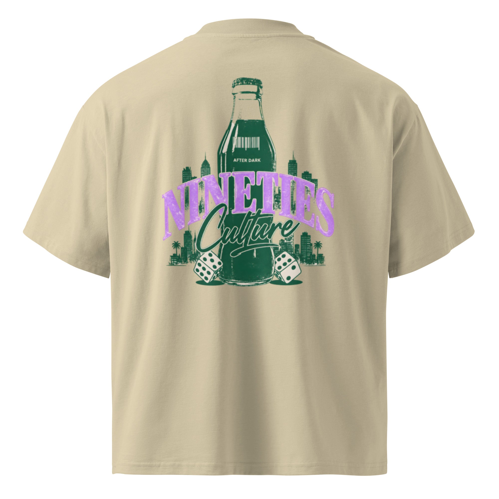 back view beige oversized graphic t shirt nineties culture bottle graphic urban streetwear outfit