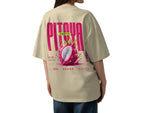model back view wearing oversized sand beige graphic t shirt pitaya exotic dragon fruit back graphic relaxed fit urban streetwear outfit