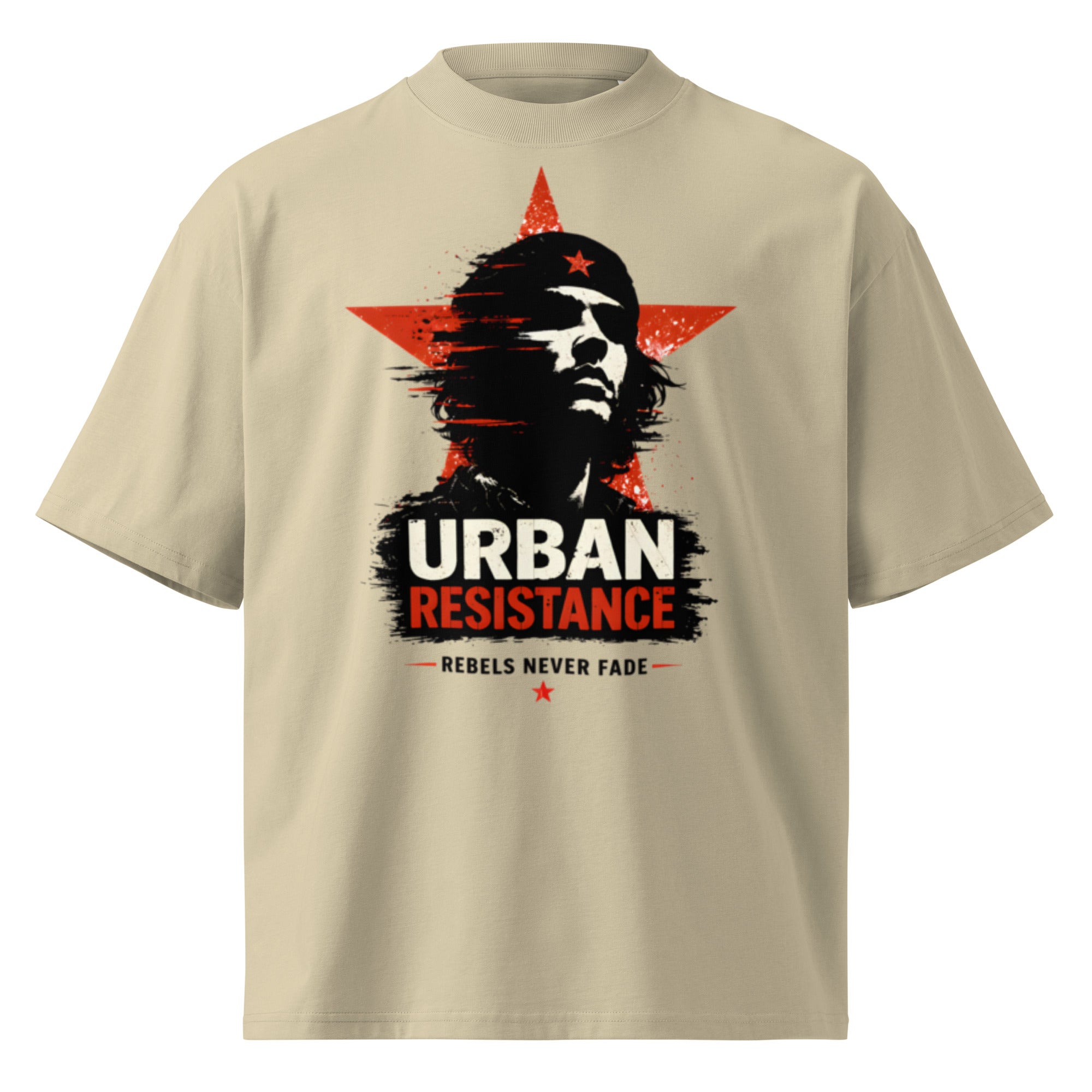 beige oversized graphic t-shirt urban graphic design front view streetwear fashion product mockup