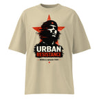 Beige oversized graphic t-shirt urban artwork front view modern streetwear clothing design