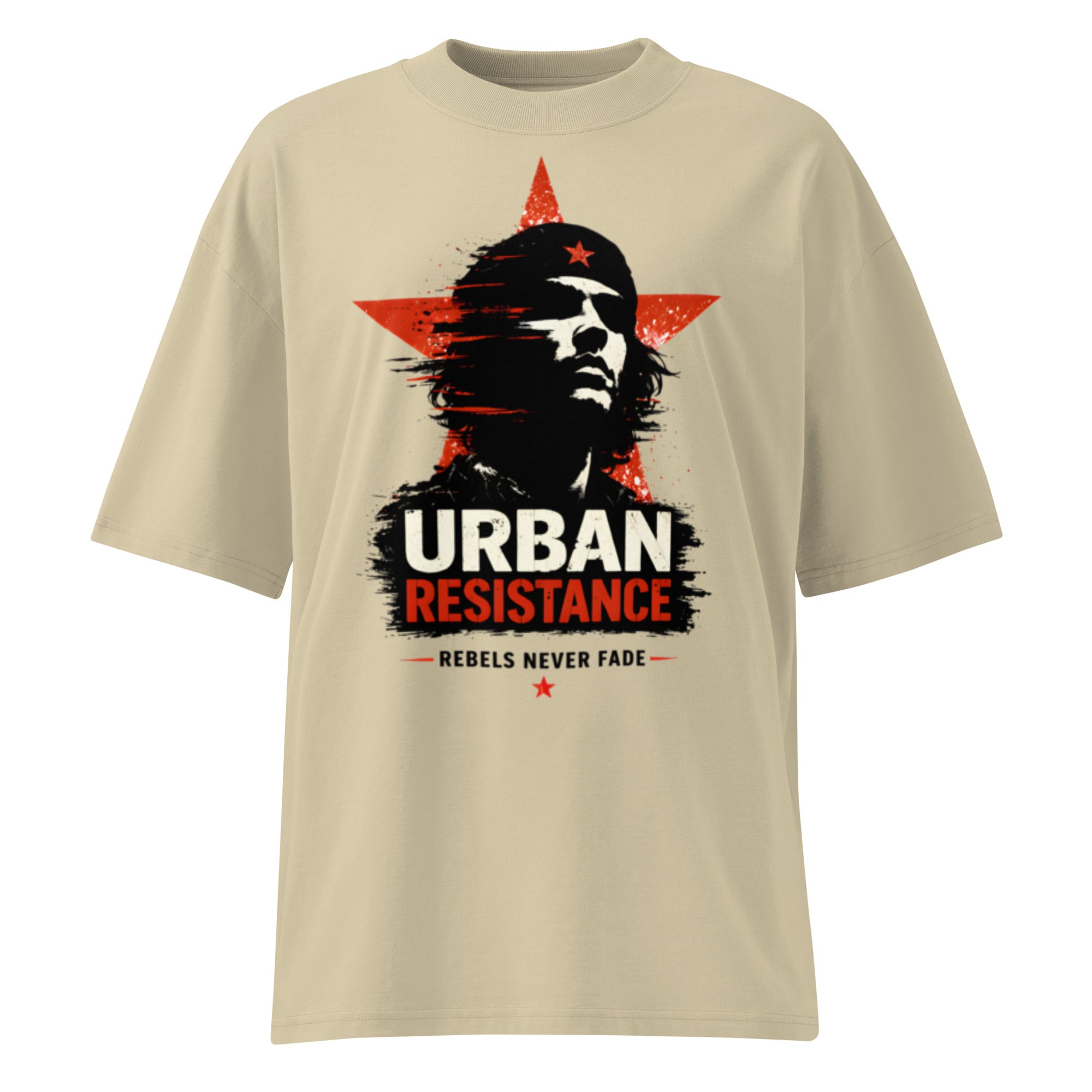 Beige oversized graphic t-shirt urban artwork front view modern streetwear clothing design