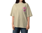 model front view wearing oversized sand beige graphic t shirt pitaya chest print relaxed fit streetwear fashion