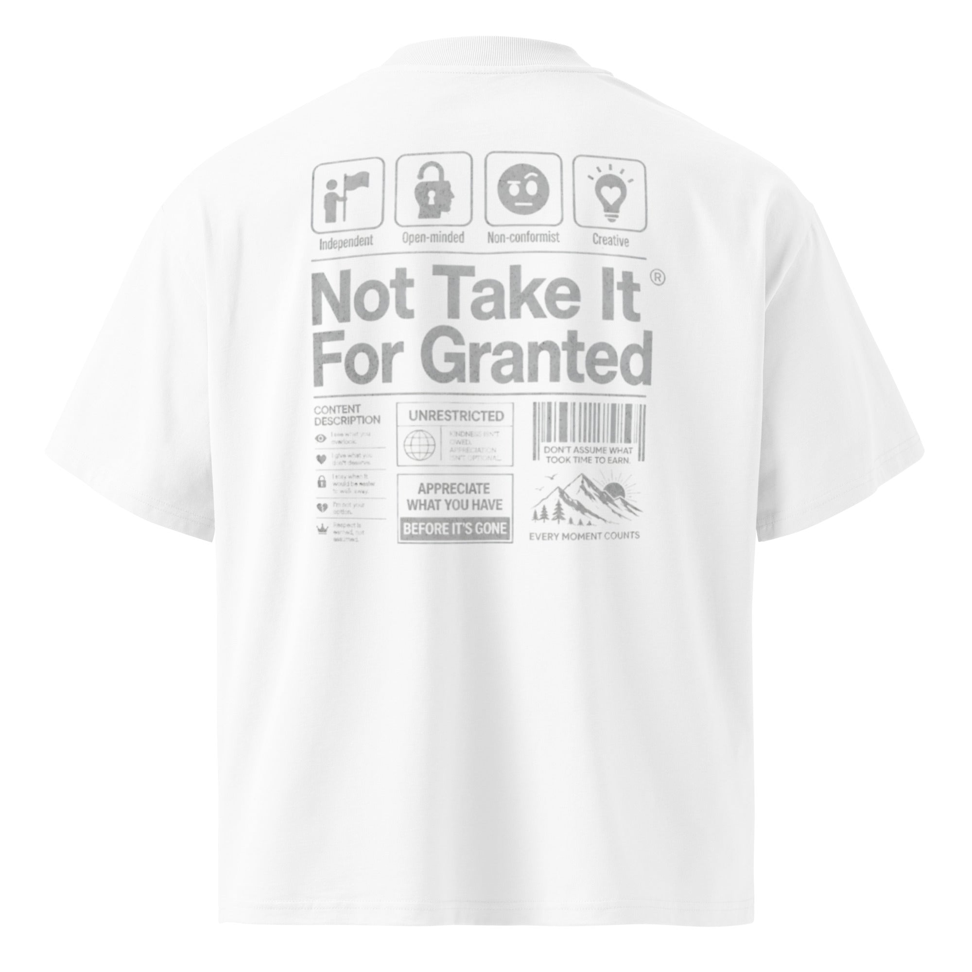 back view oversized white graphic t-shirt featuring grey “Not Take It For Granted” statement print isolated on clean background graphic streetwear