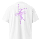back view oversized white graphic streetwear t-shirt with pastel lavender ballerina sketch design