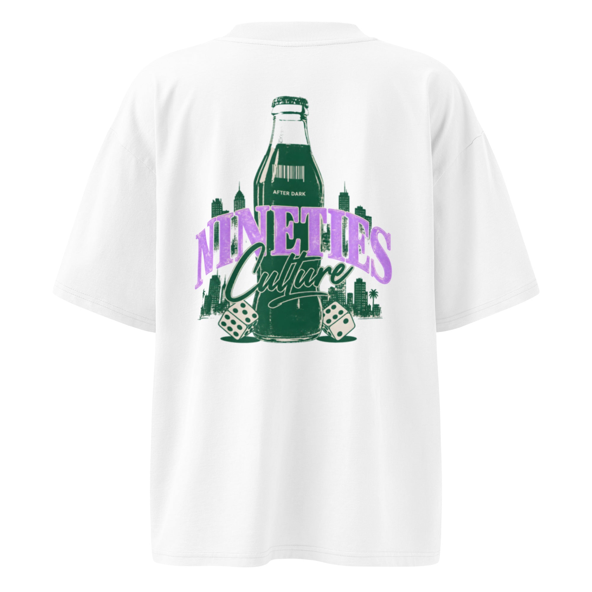 back view white graphic streetwear tee nineties culture retro bottle design oversized streetwear fashion