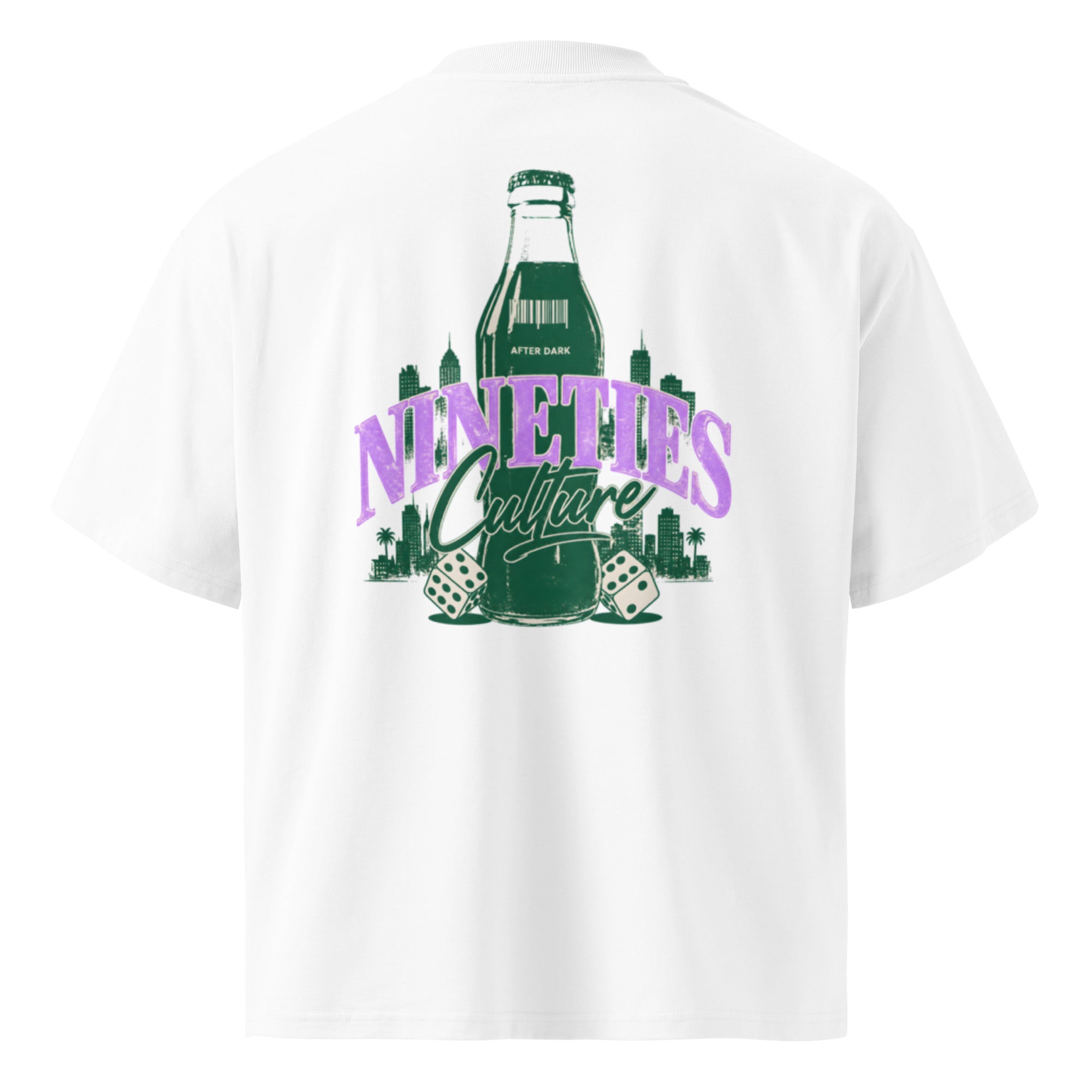 back view white oversized graphic t shirt nineties culture bottle graphic urban streetwear outfit