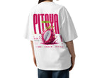 model back view wearing oversized white graphic t shirt pitaya exotic dragon fruit back graphic urban streetwear outfit