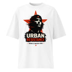 white oversized graphic t-shirt urban artwork front view modern streetwear clothing design