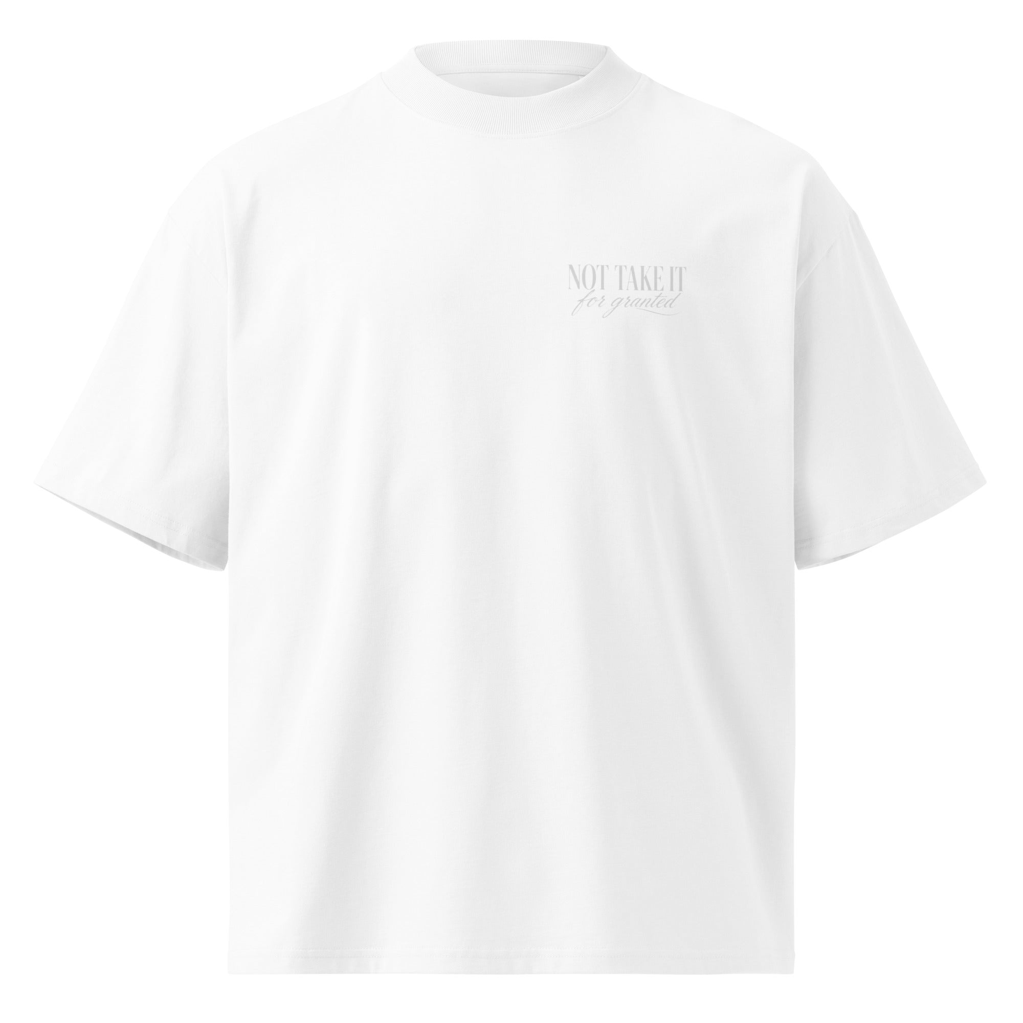front view oversized white minimalist graphic t-shirt with subtle grey chest logo isolated on clean background modern streetwear fashion