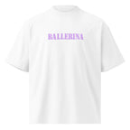 front view oversized white statement graphic t-shirt with pastel lavender ballerina text design streetwear fashion