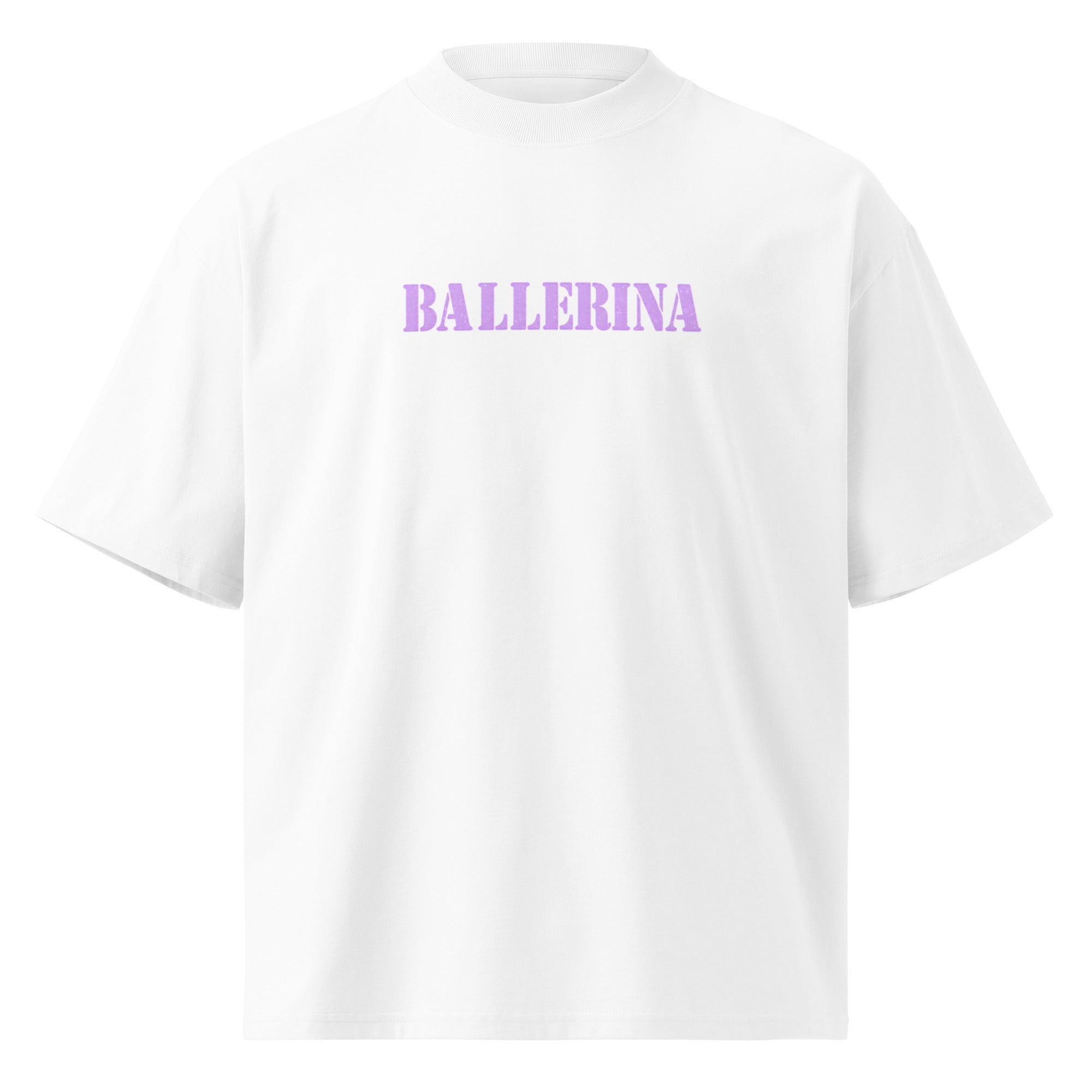 front view oversized white statement graphic t-shirt with pastel lavender ballerina text design streetwear fashion