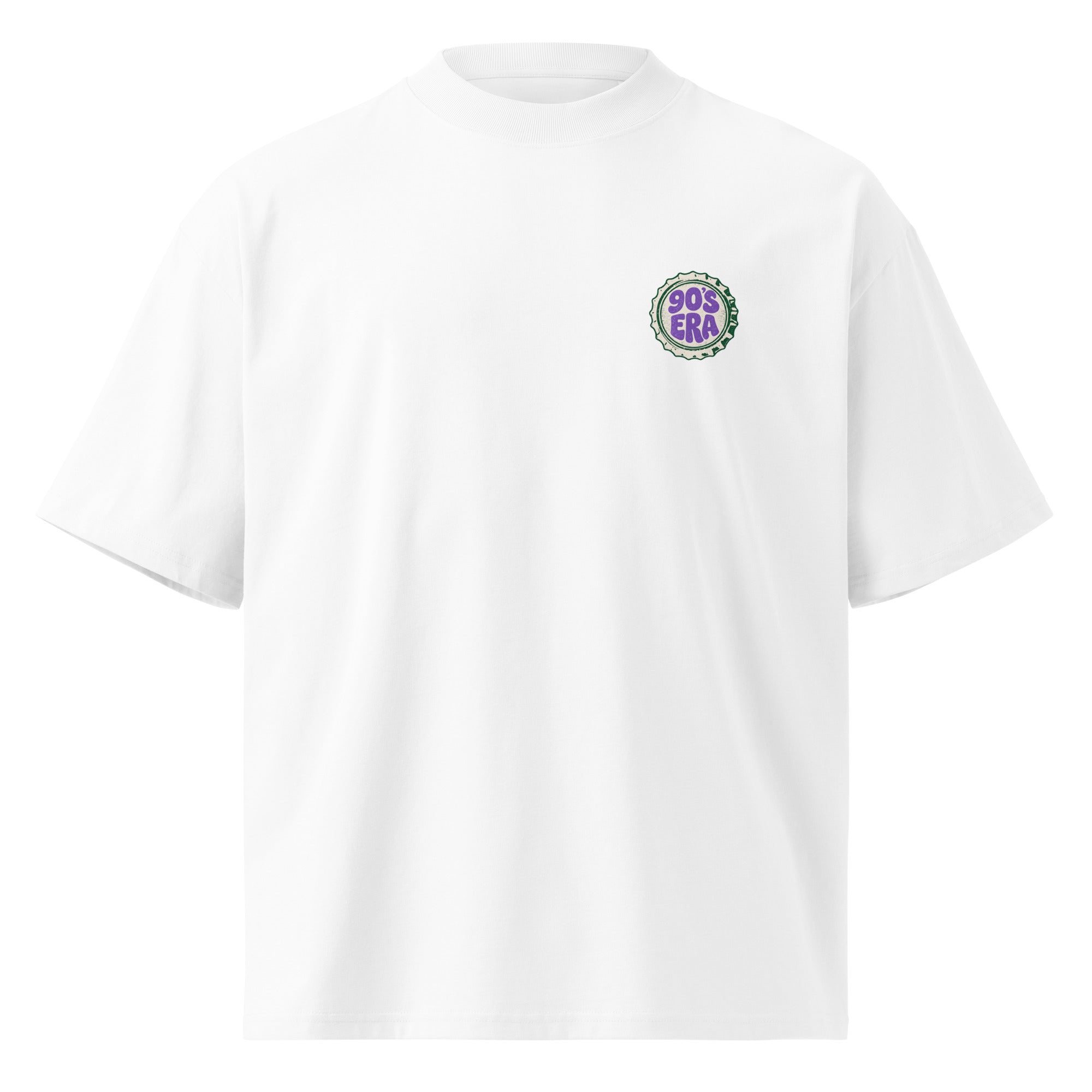 front view white oversized graphic t shirt 90s era chest logo retro streetwear fashion