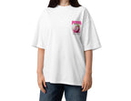model front view wearing oversized white graphic t shirt pitaya chest print relaxed fit streetwear fashion