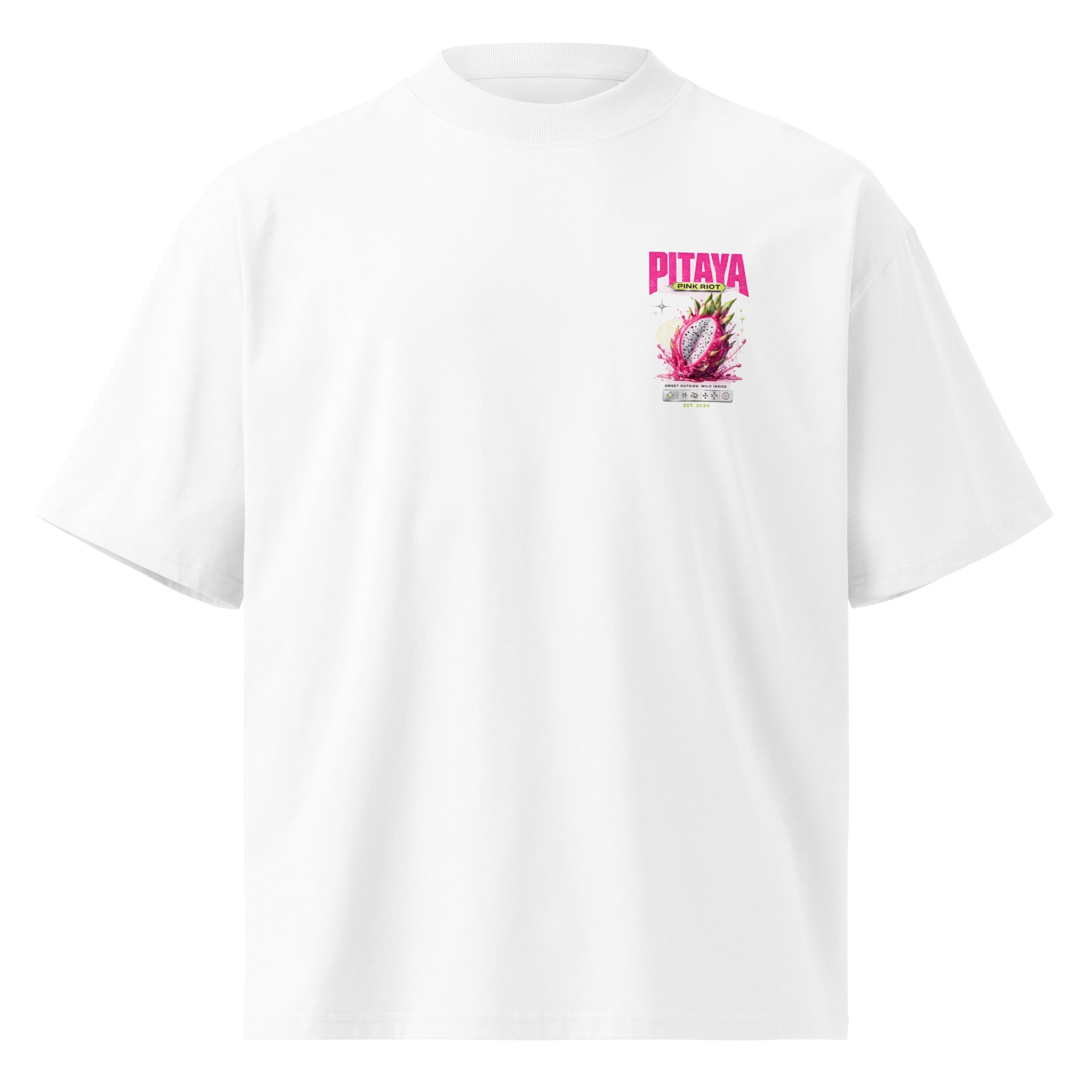 product front view oversized white graphic t shirt pitaya pink riot chest print streetwear fashion