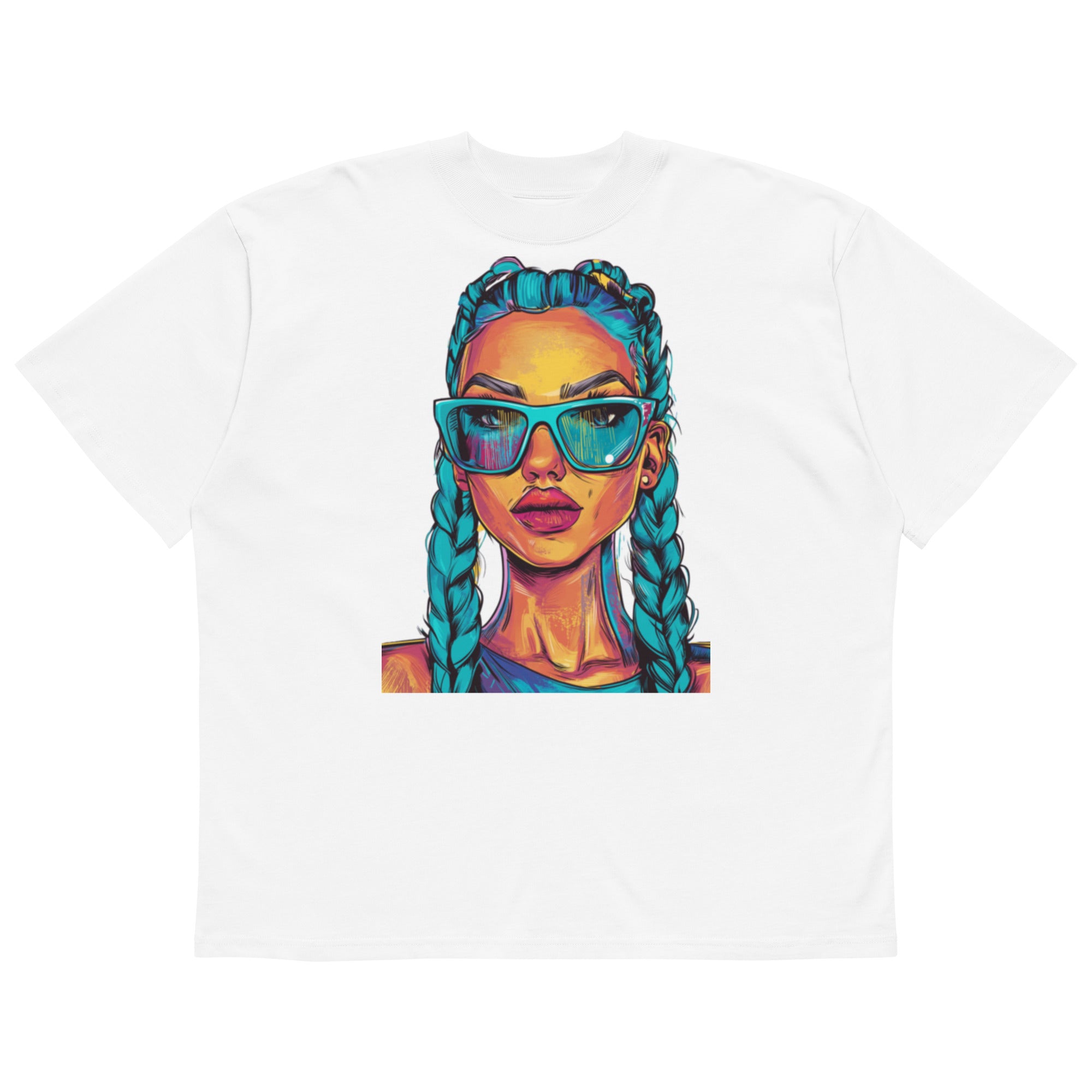Nöiré white graphic t-shirt with colorful woman portrait, front product view
