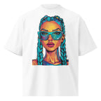 White oversized graphic T-shirt front view with vibrant neon portrait illustration, bold artistic streetwear print