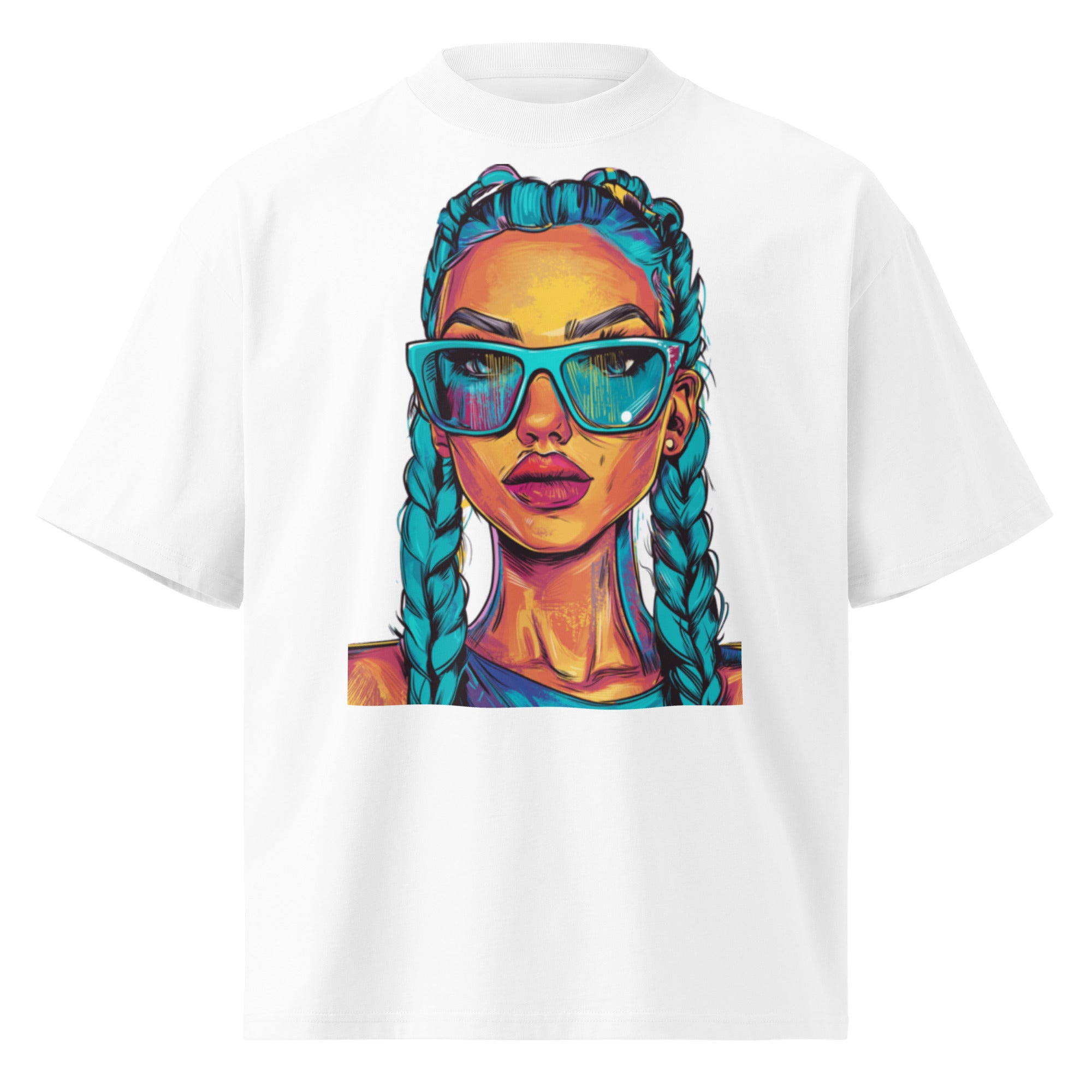 White oversized graphic T-shirt front view with vibrant neon portrait illustration, bold artistic streetwear print