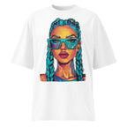 White oversized graphic T-shirt front view with colorful pop art woman portrait print, unisex streetwear design