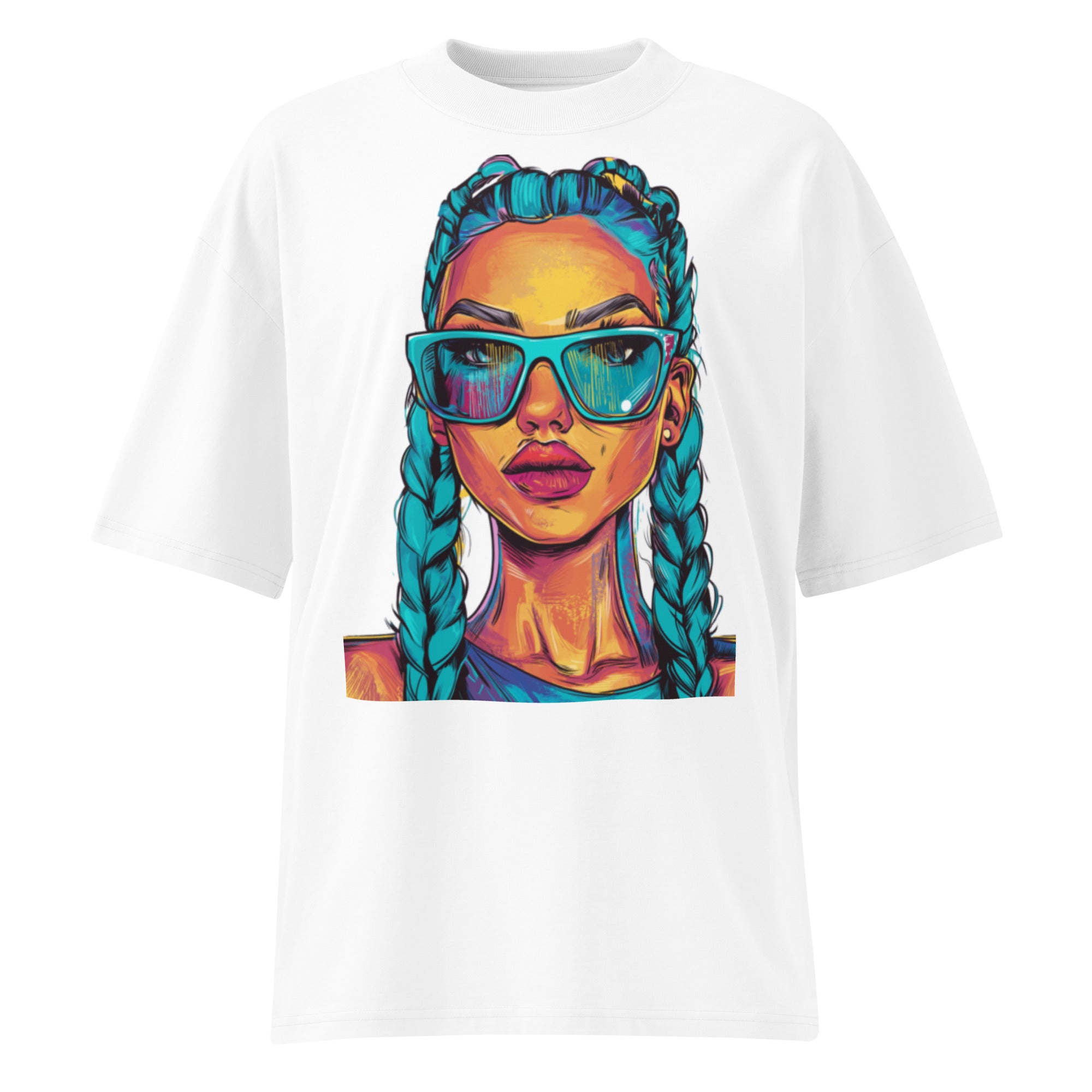 White oversized graphic T-shirt front view with colorful pop art woman portrait print, unisex streetwear design