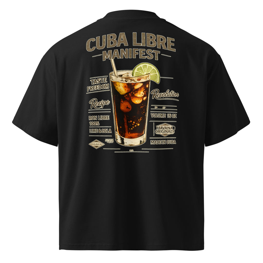 Black streetwear t-shirt back view with “Cuba Libre Manifest” cocktail artwork, bold vintage drink poster style graphic.