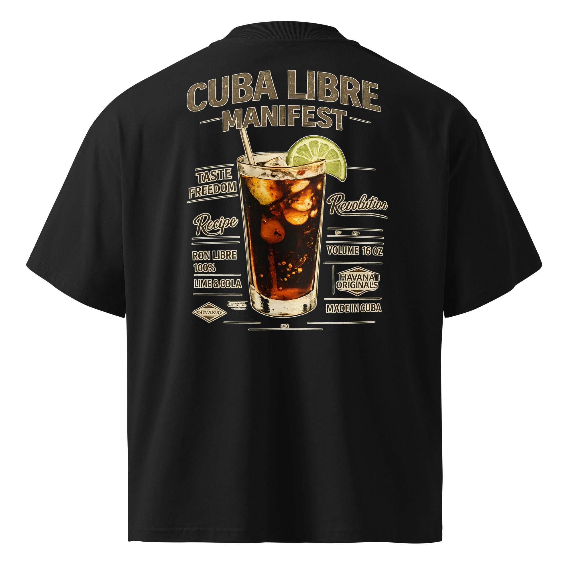 Black streetwear t-shirt back view with “Cuba Libre Manifest” cocktail artwork, bold vintage drink poster style graphic.