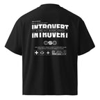 Oversized black streetwear t-shirt with introvert statement typography and industrial graphic design print, back view