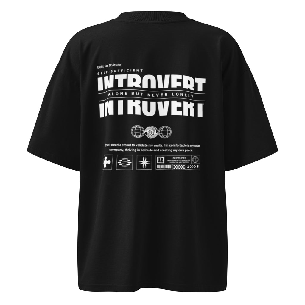 Oversized black streetwear t-shirt with introvert statement typography and industrial graphic design print, back view