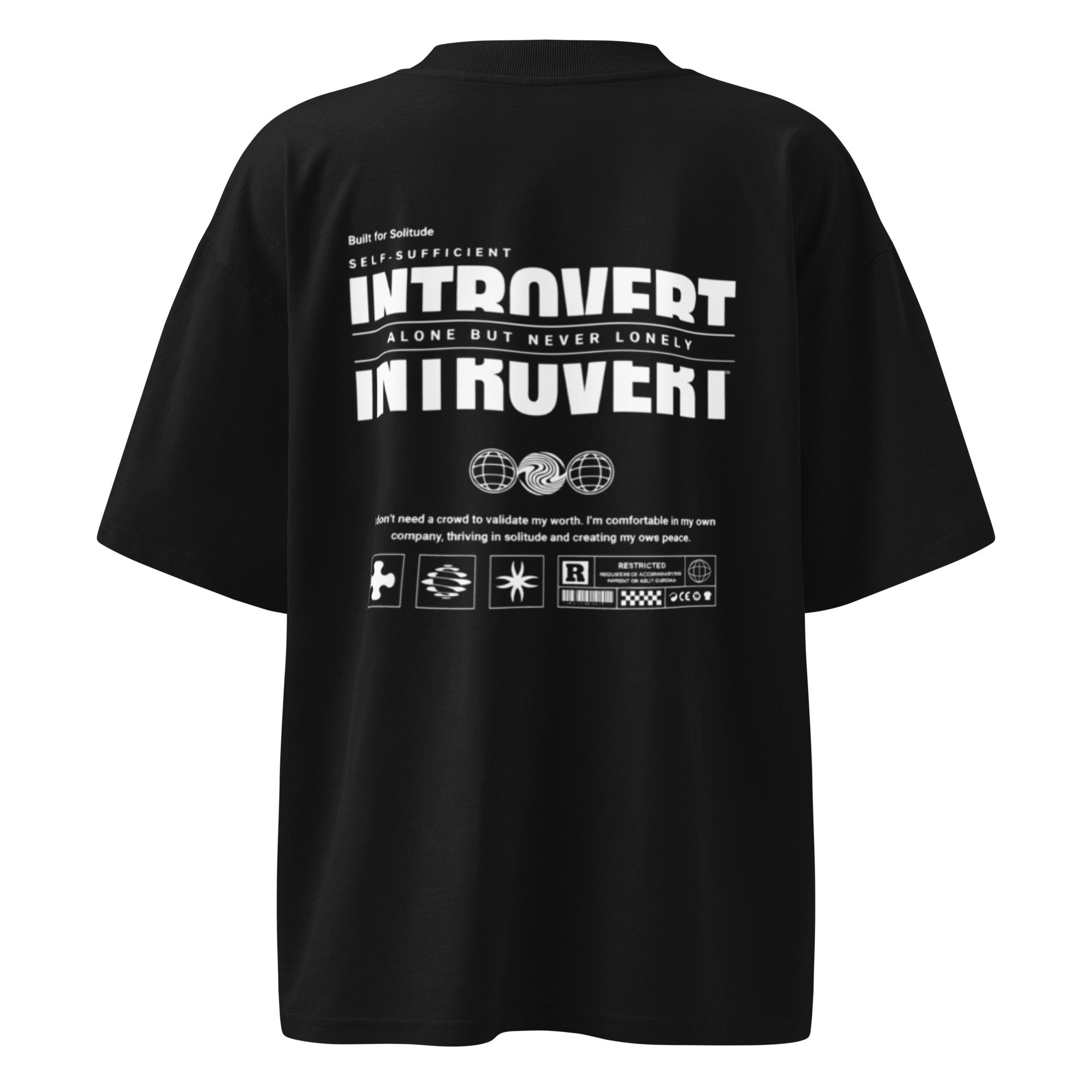 Oversized black streetwear t-shirt with introvert statement typography and industrial graphic design print, back view