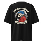 Black oversized T-shirt with large back graphic illustration and bold statement typography, urban streetwear aesthetic.