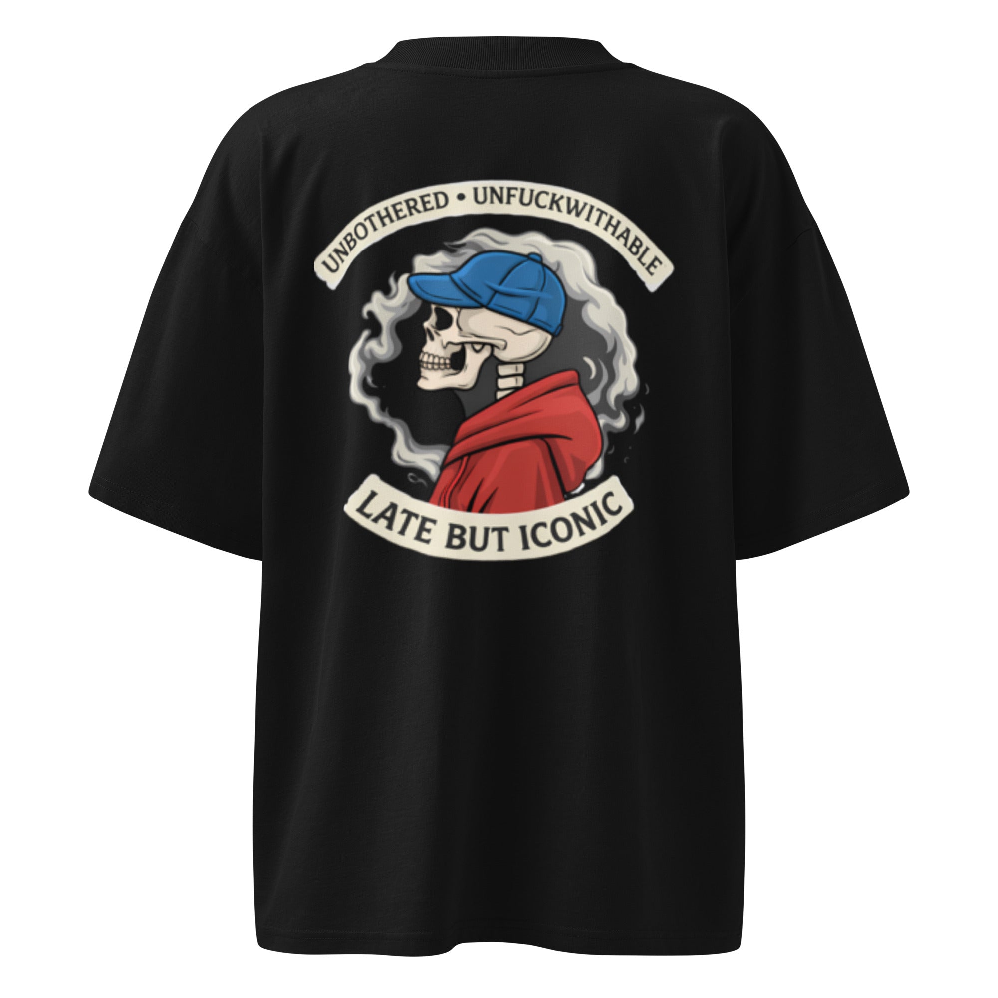 Black oversized T-shirt with large back graphic illustration and bold statement typography, urban streetwear aesthetic.