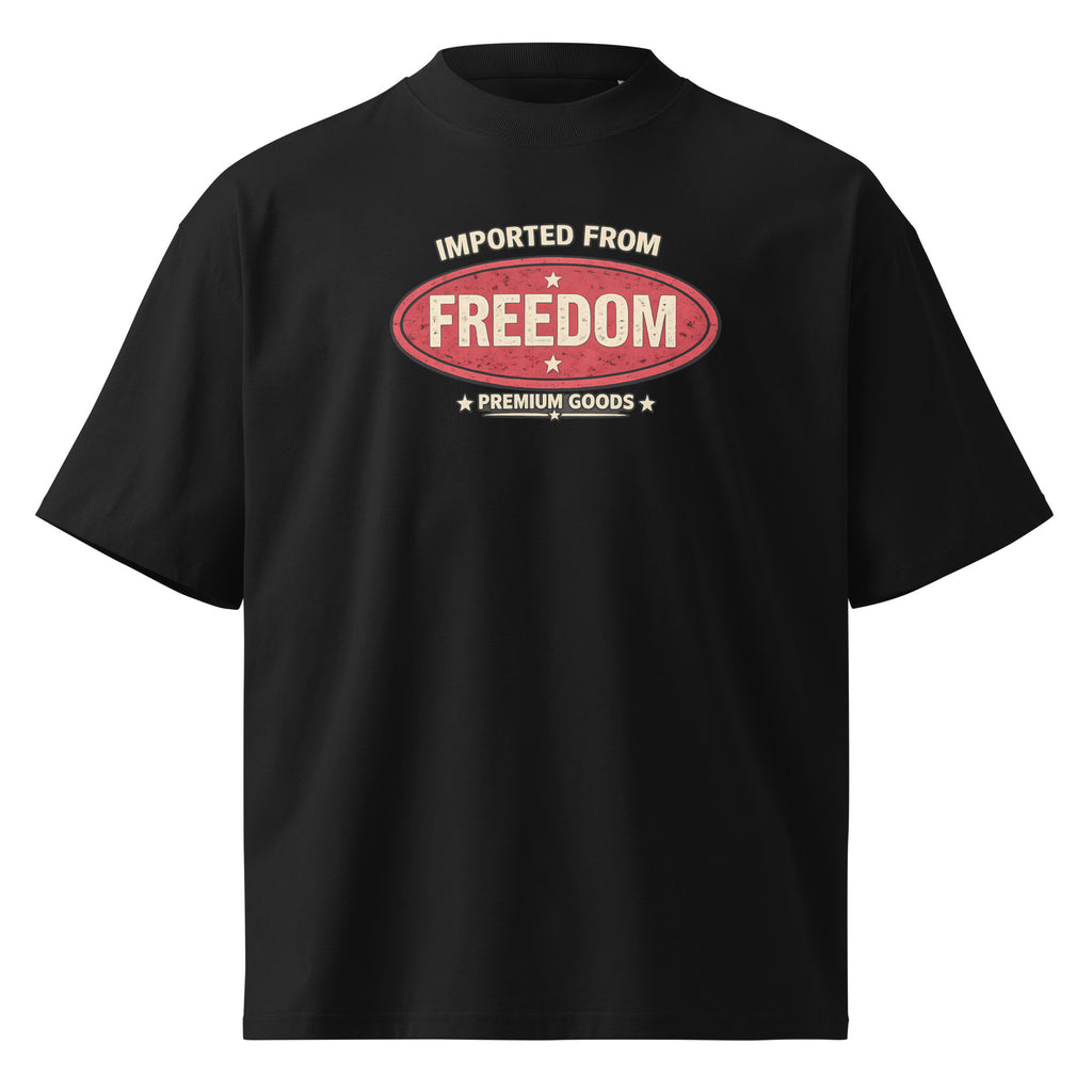 Black graphic t-shirt front view with vintage red “Imported from Freedom – Premium Goods” chest logo, retro streetwear typography print, unisex casual tee.