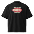 Black graphic t-shirt front view with vintage red “Imported from Freedom – Premium Goods” chest logo, retro streetwear typography print, unisex casual tee.