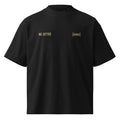 Black oversized streetwear T-shirt front view with minimal gold chest text “NO. 827193” and “GENIUS” typography