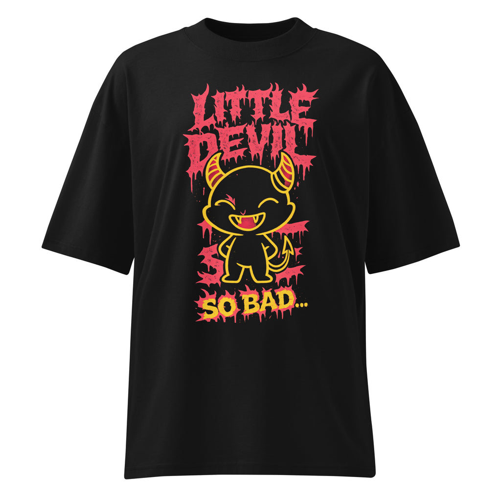 Black oversized streetwear T-shirt featuring a dripping red “Little Devil” graphic, cute cartoon devil character illustration and bold “So Bad” slogan print on the front