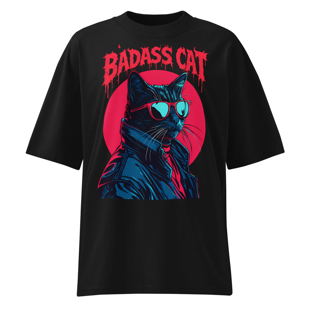 Oversized black streetwear t-shirt with badass cat illustration wearing sunglasses and jacket with red circle background, front view