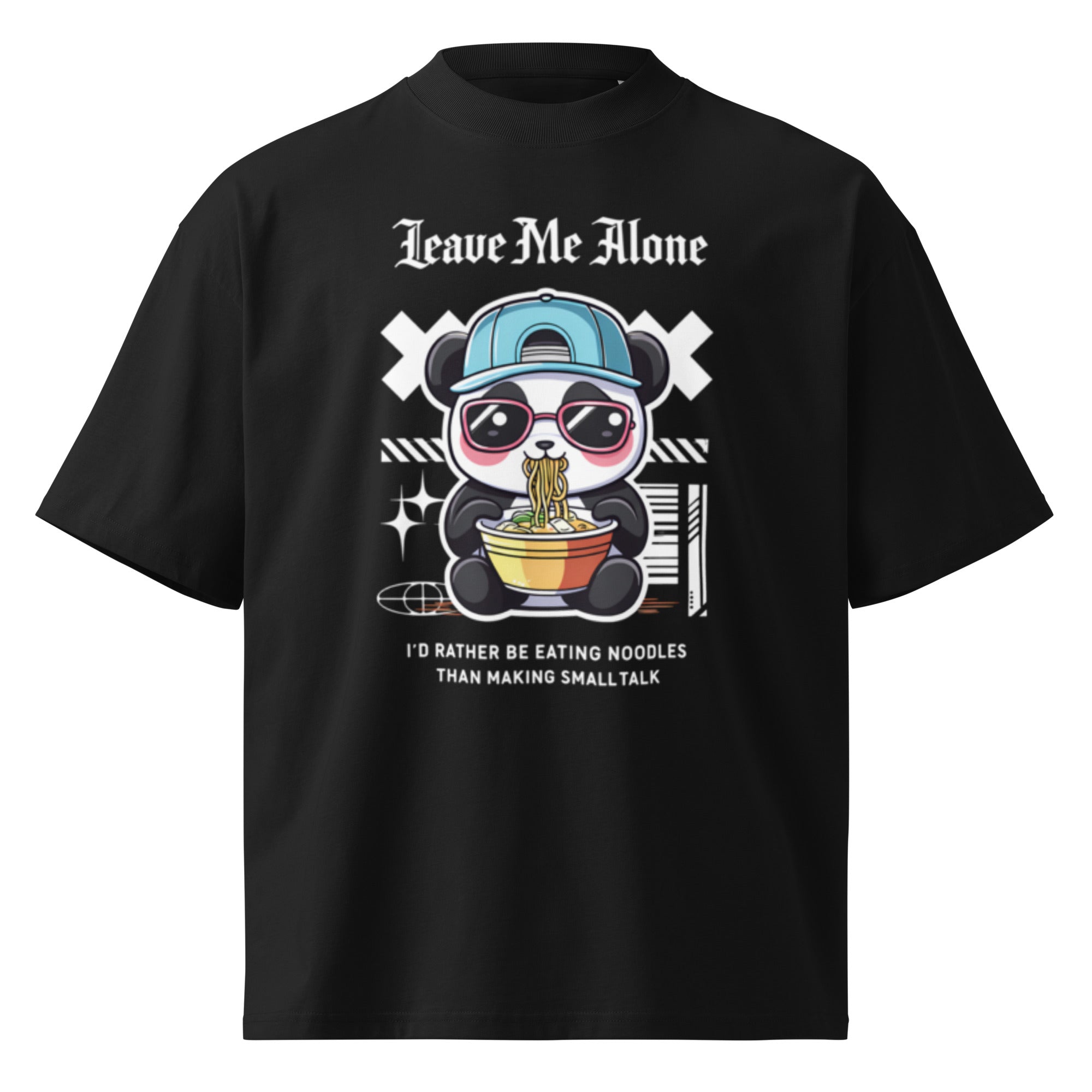 Oversized black streetwear t-shirt with panda eating noodles cartoon graphic and leave me alone typography, front view