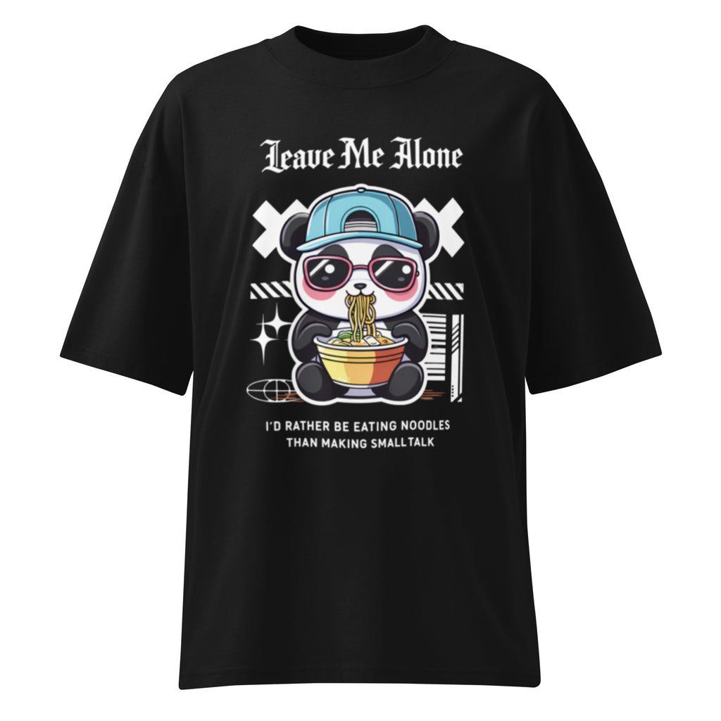Oversized black streetwear t-shirt with panda eating noodles cartoon graphic and leave me alone typography, front view