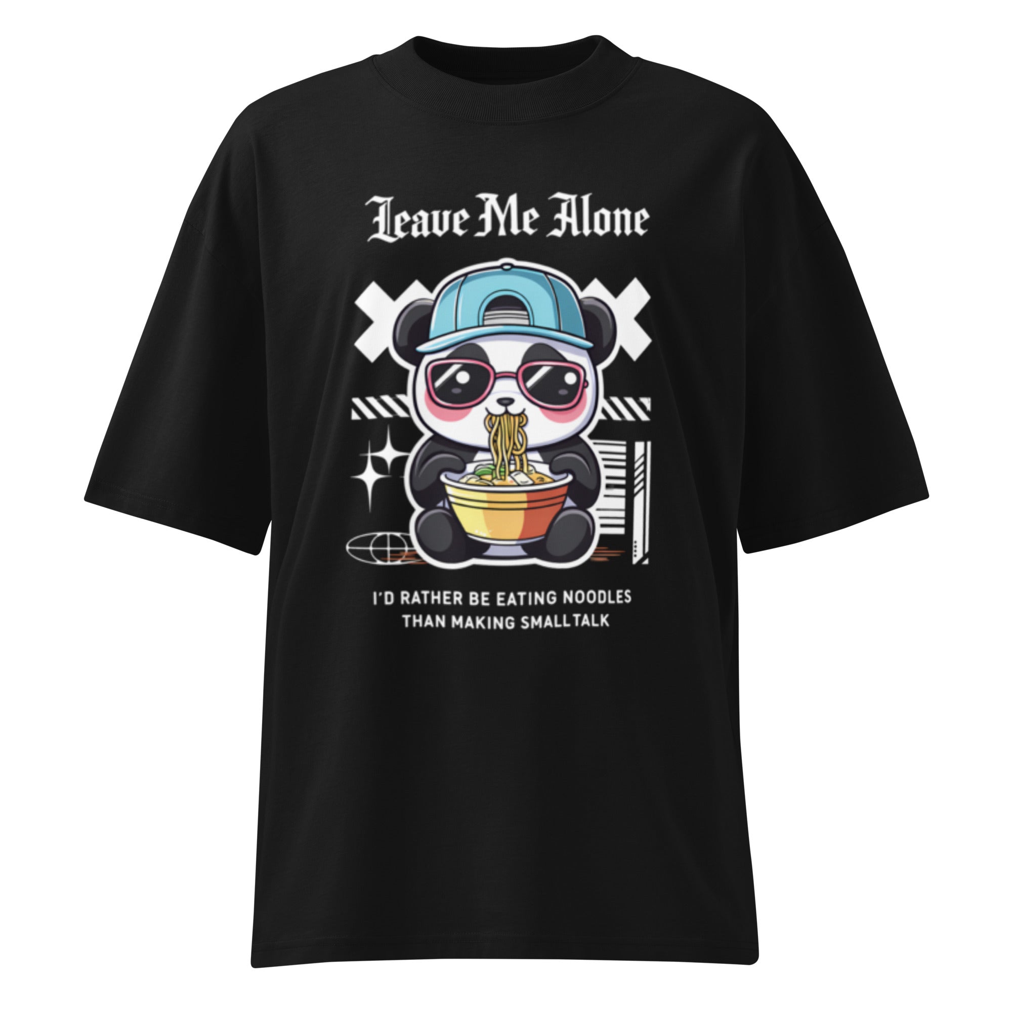 Oversized black streetwear t-shirt with panda eating noodles cartoon graphic and leave me alone typography, front view