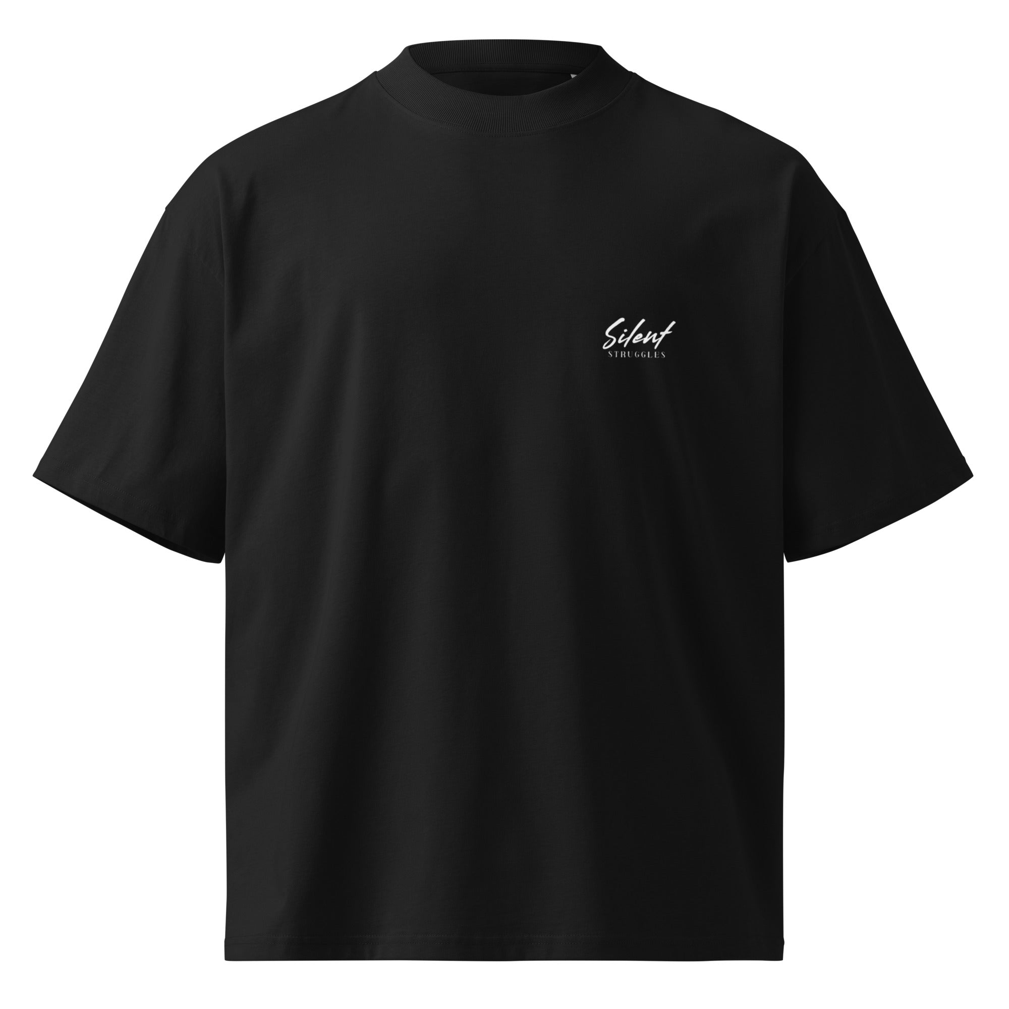 Oversized black streetwear t-shirt with small Silent Struggles text logo on chest, minimal front design, front view
