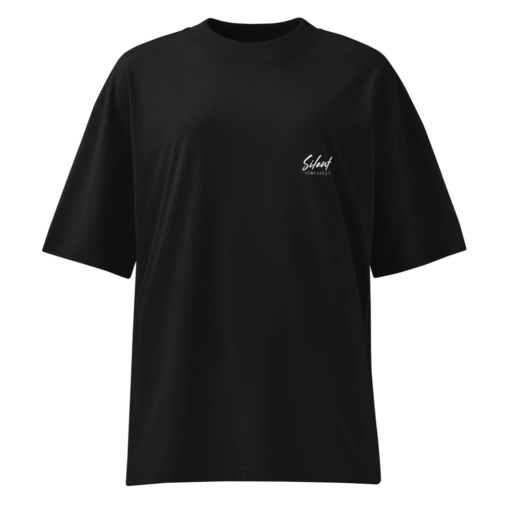 Oversized black streetwear t-shirt with small Silent Struggles text logo on chest, minimal front design, front view