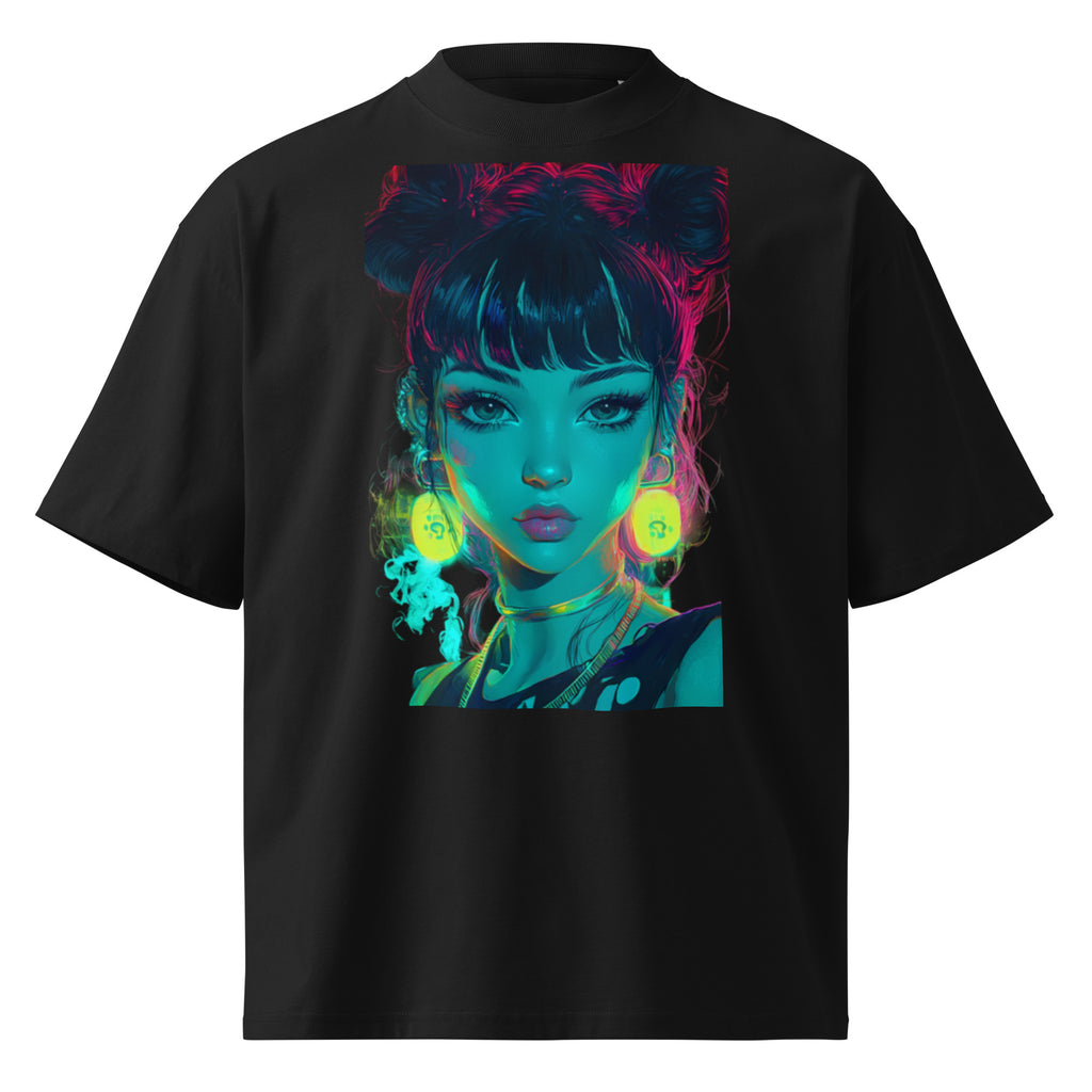 Oversized black streetwear t-shirt with neon pop art woman portrait graphic, front view
