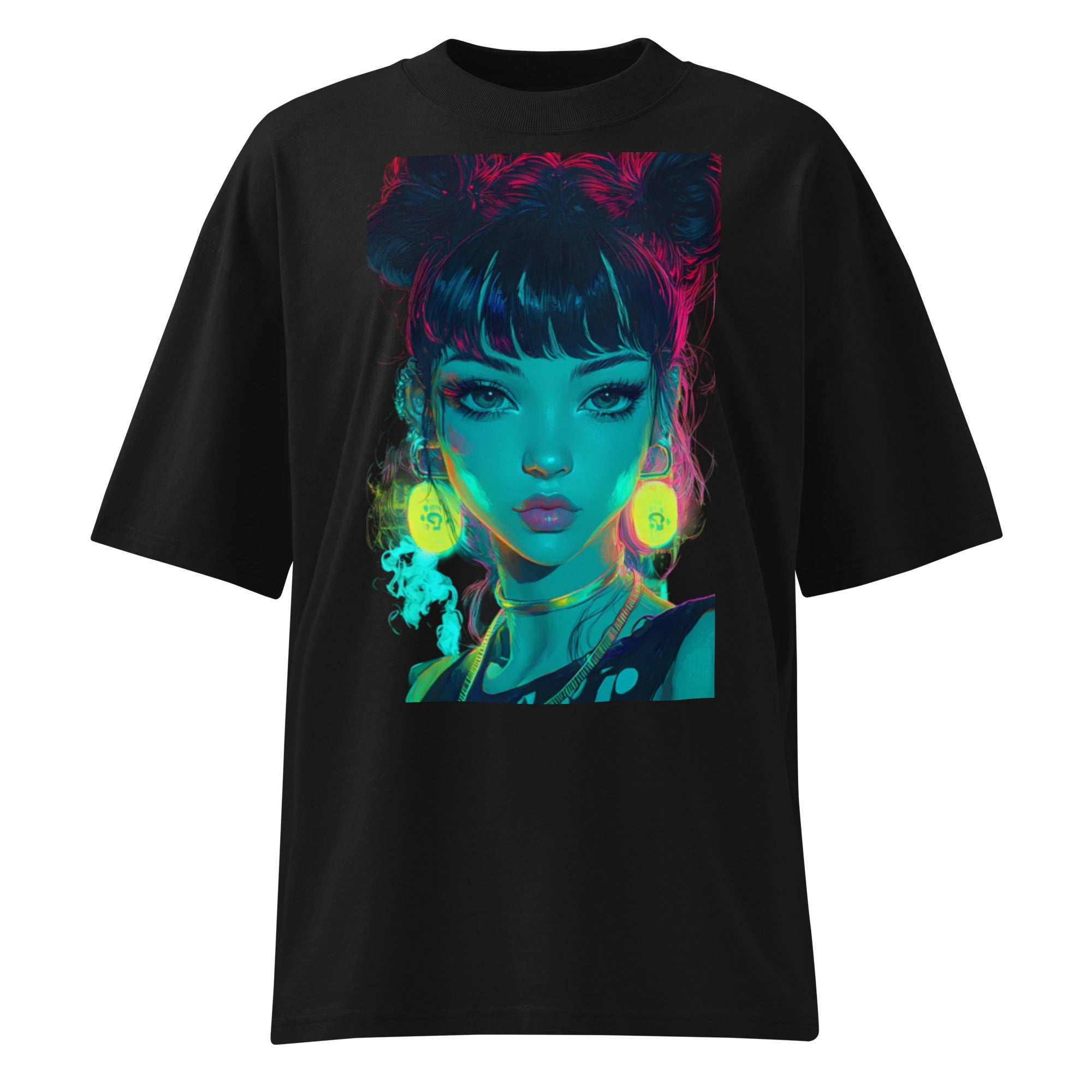 Black oversized streetwear graphic t-shirt with colorful portrait print, front product mockup