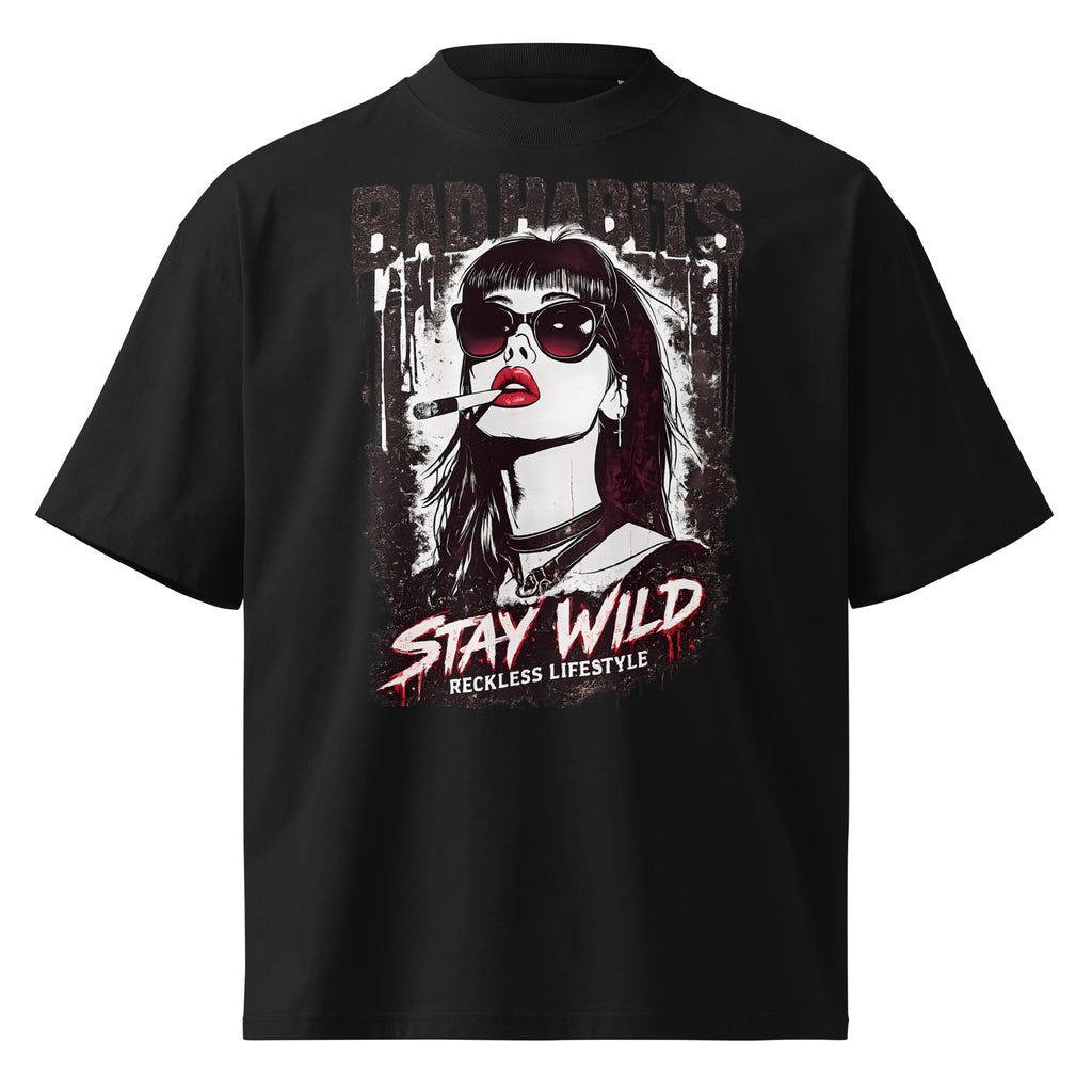 Black oversized streetwear t-shirt with bold bad habits stay wild graphic print, front view