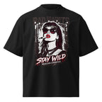 Black oversized streetwear t-shirt with bold bad habits stay wild graphic print, front view