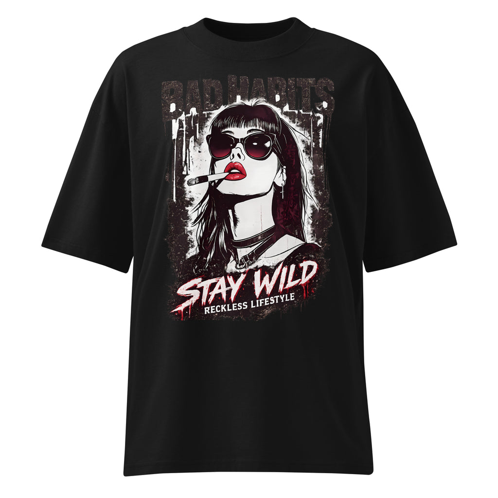 Black oversized streetwear t-shirt with bold bad habits stay wild graphic print, front view
