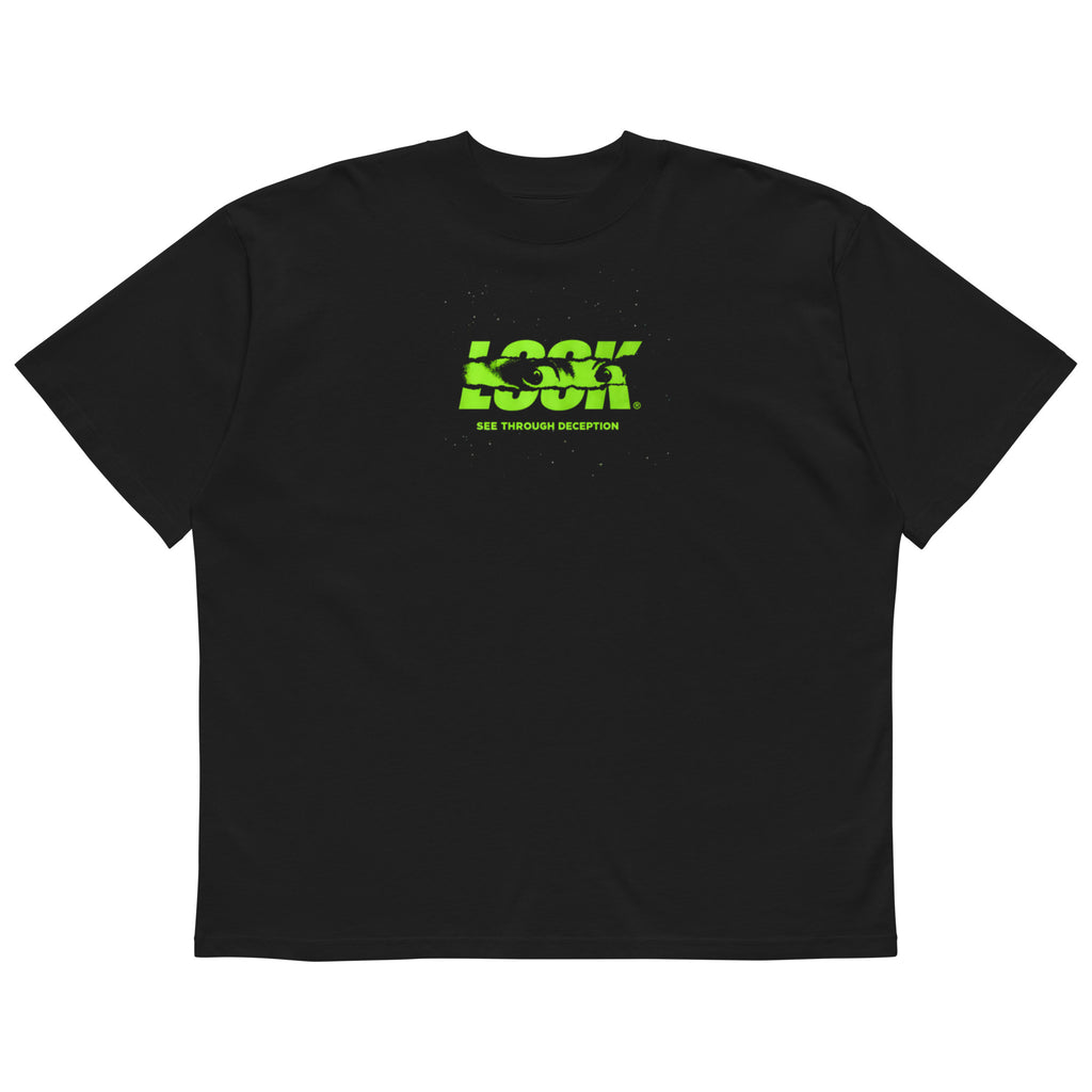 Black oversized streetwear t-shirt with neon green LOOK graphic front print